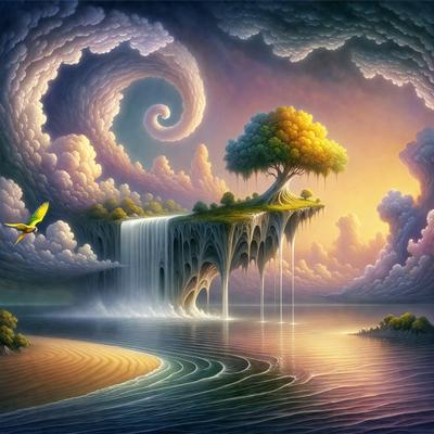 The primary subject of the image is a tree, which is situated on a small island in the middle of a body of water. The setting is a serene and picturesque landscape, with a waterfall nearby and a bird flying in the sky. The visual style is a combination of digital art and illustration, creating a vibrant and lively atmosphere. The colors and mood of the image are predominantly warm and inviting, with the tree and the waterfall adding a sense of tranquility and natural beauty to the scene